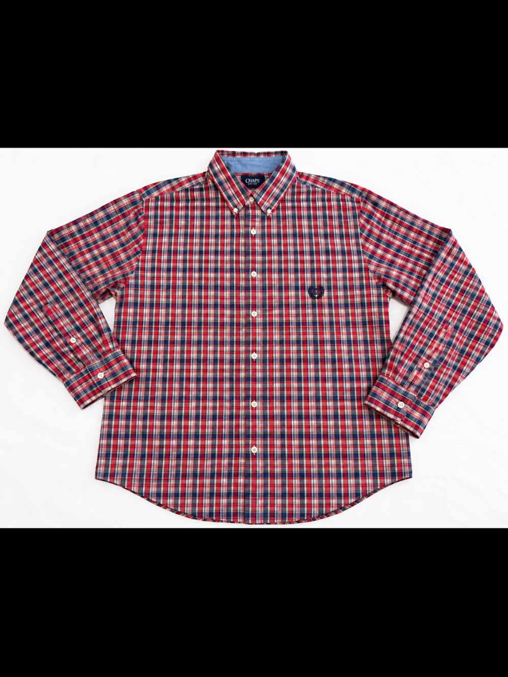 Chaps Men's Red and Navy Plaid Long-Sleeve Button-Down Shirt